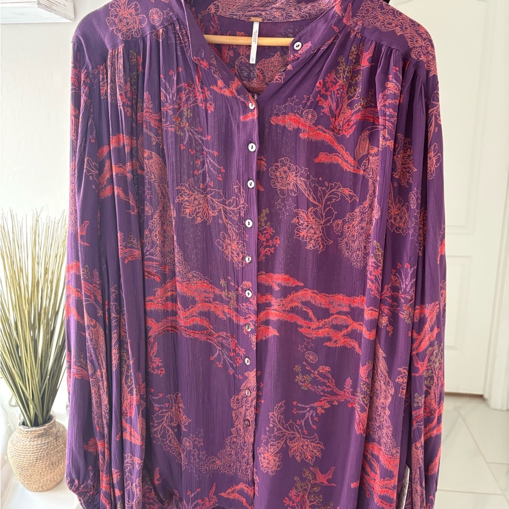Free People Purple and Red Floral Blouse